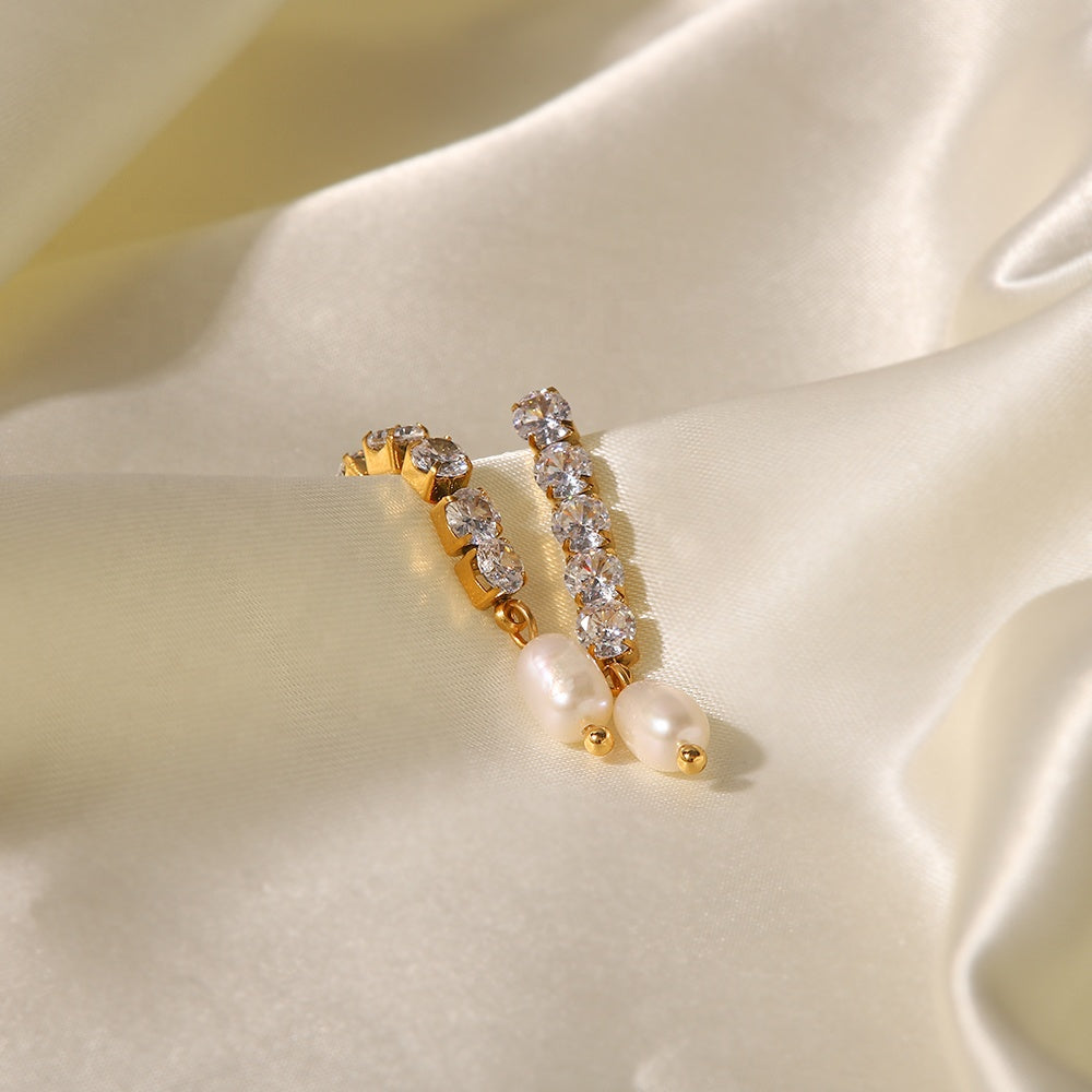 Delicate Zirconias & Pearl Medium Long Studs