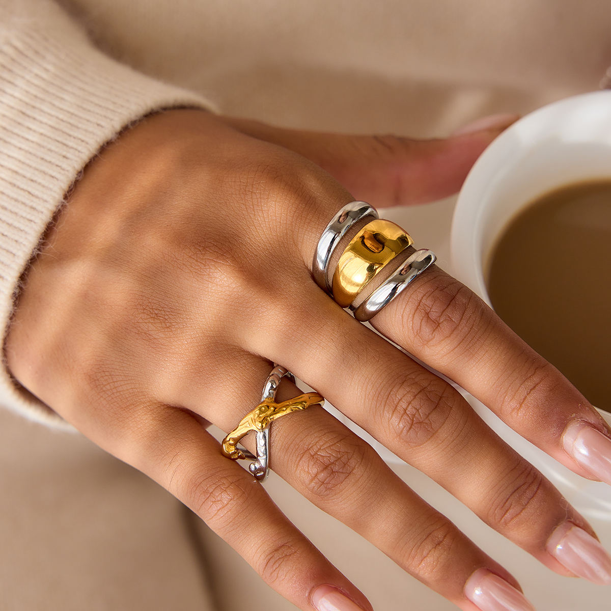 Two Tone Texture Crossed Ring