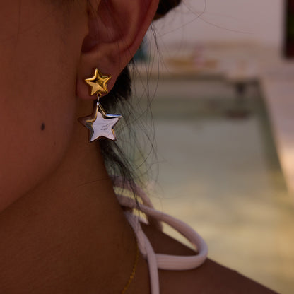 Two Tone Stars Long Stud Earrings