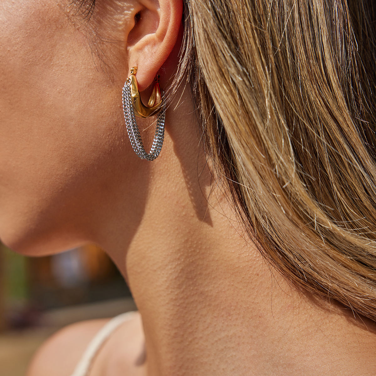 Two Tone Chain Hoop Earrings