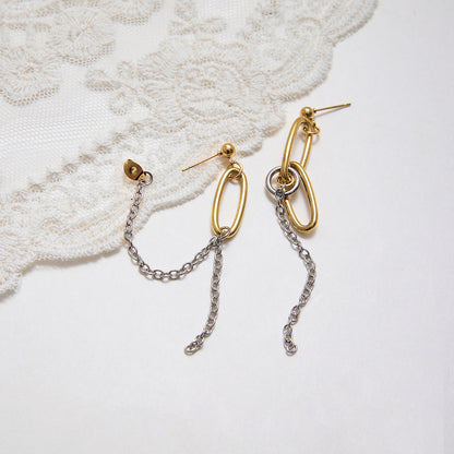 Two Tone Oval Chains Tassel Stud Earrings