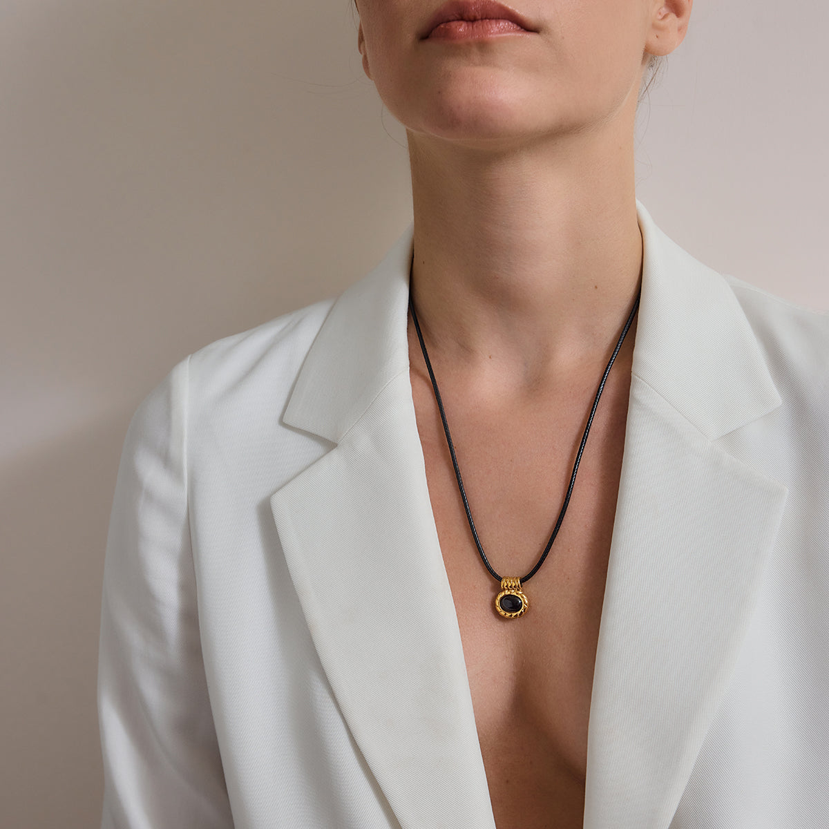 Oval Black Stone Pendant Black Cord Necklace