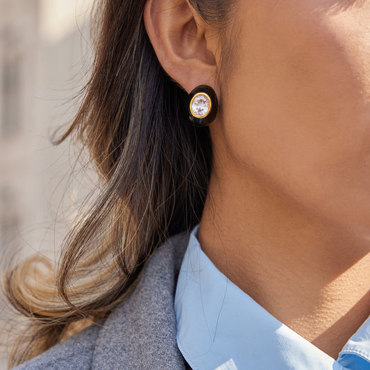 Black Enamel Oval Zirconia Chunky Stud Earrings