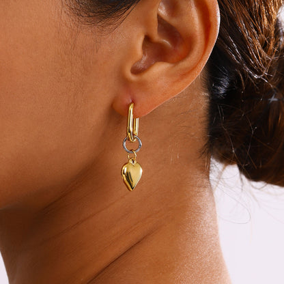 Two Tone Heart Pendant U Hoop Earrings