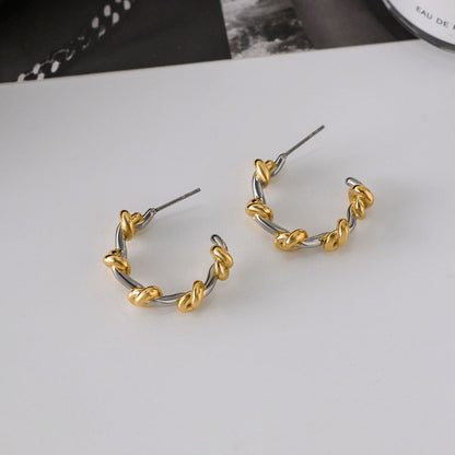 Two Tone Knots Hoop Stud Earrings