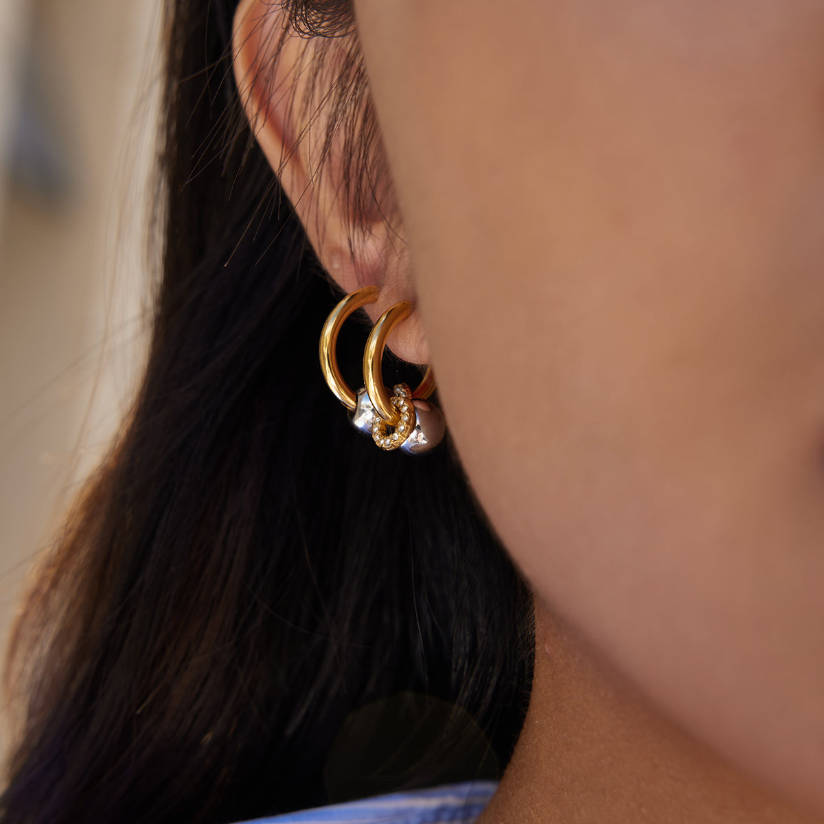 Two Tone Ball & Zirconias Small Hoop Earrings