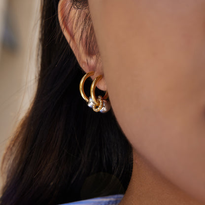 Two Tone Ball & Zirconias Small Hoop Earrings