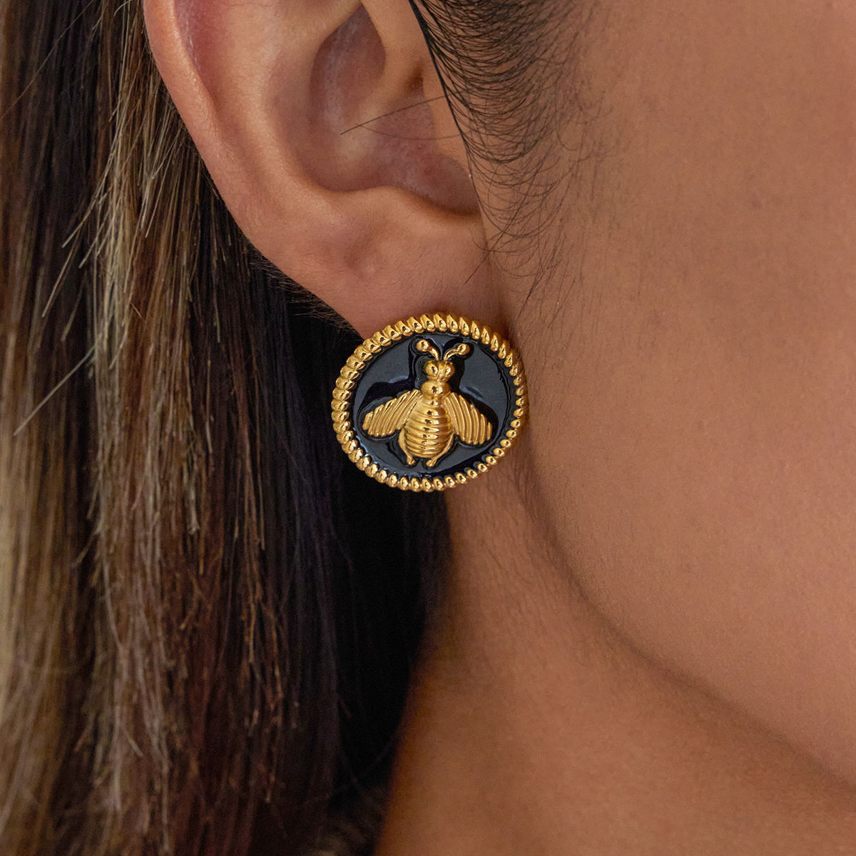 Bee Black Button Stud Earrings