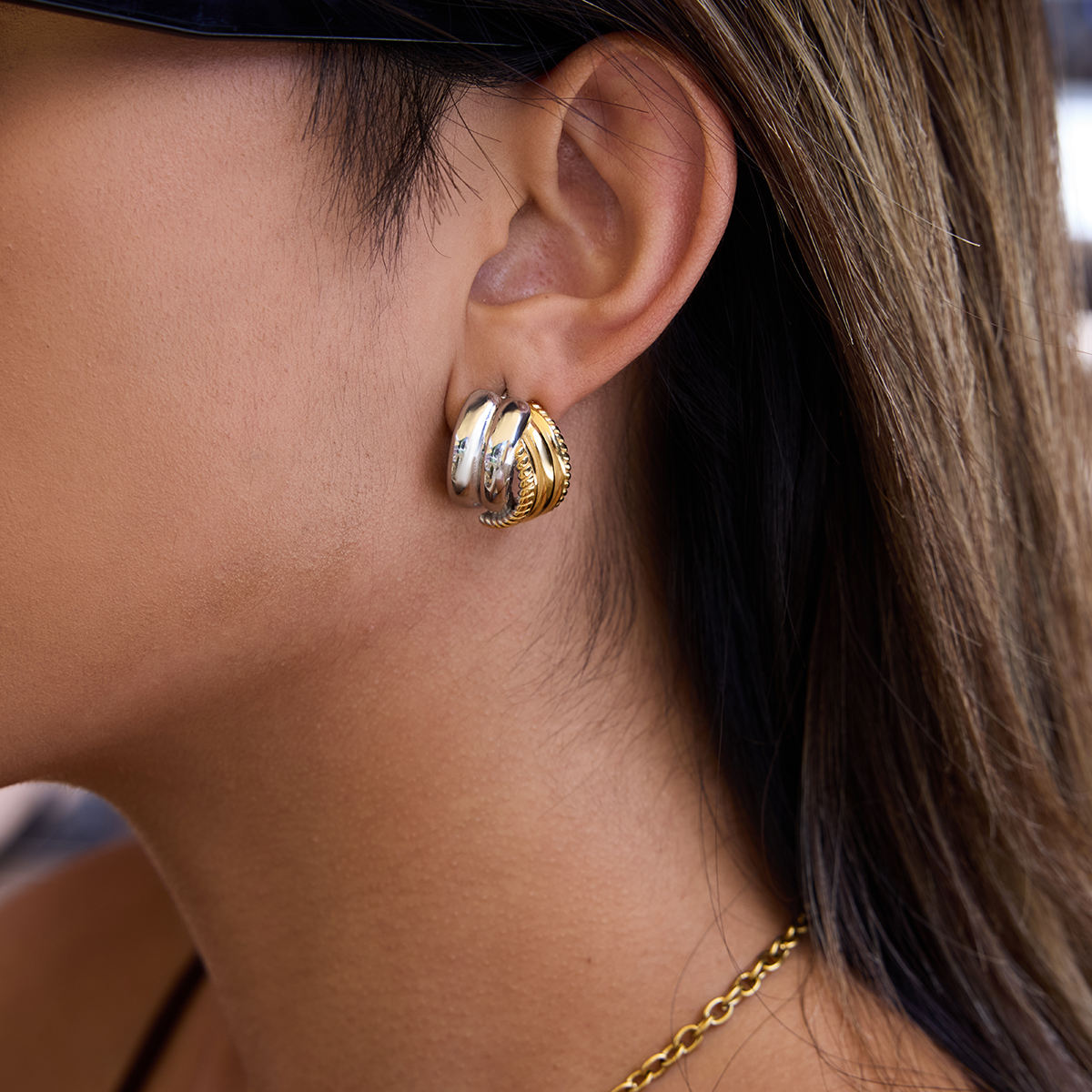 Two Tone Textured C Shape Studs Earrings