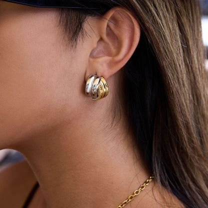 Two Tone Textured C Shape Studs Earrings