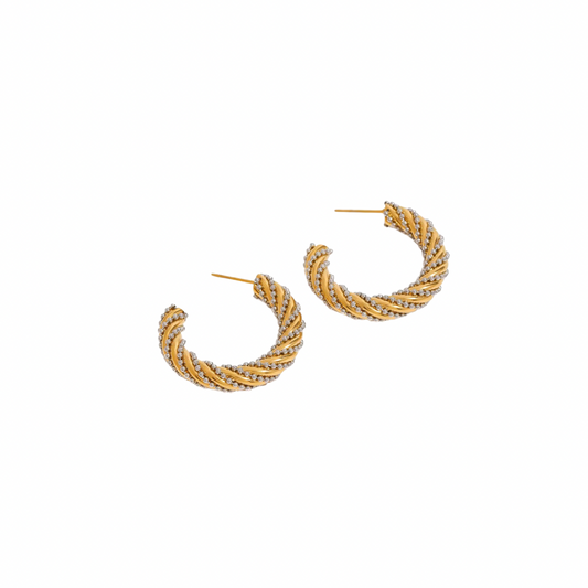 Two Tone Twisted Rope Hoop Studs Earrings