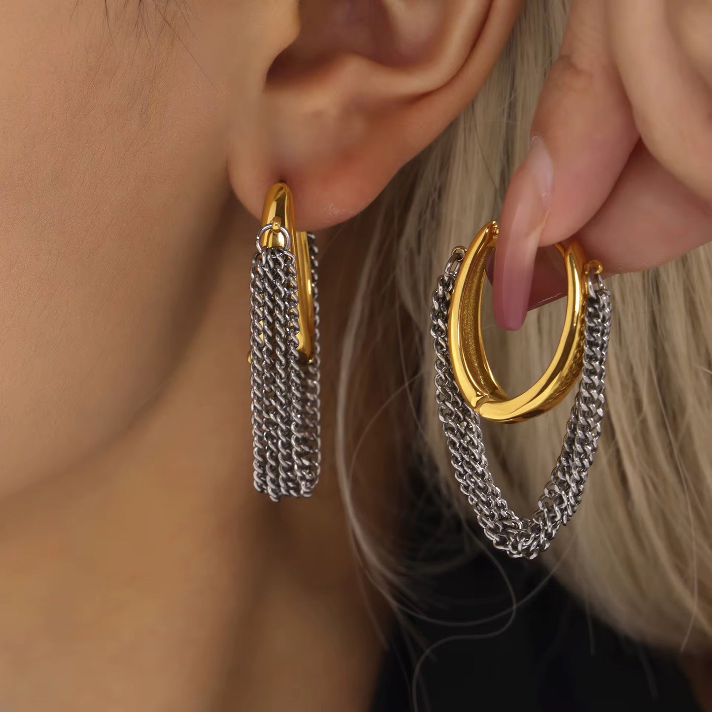 Two Tone Buckle Multi Chains Hoop Earrings