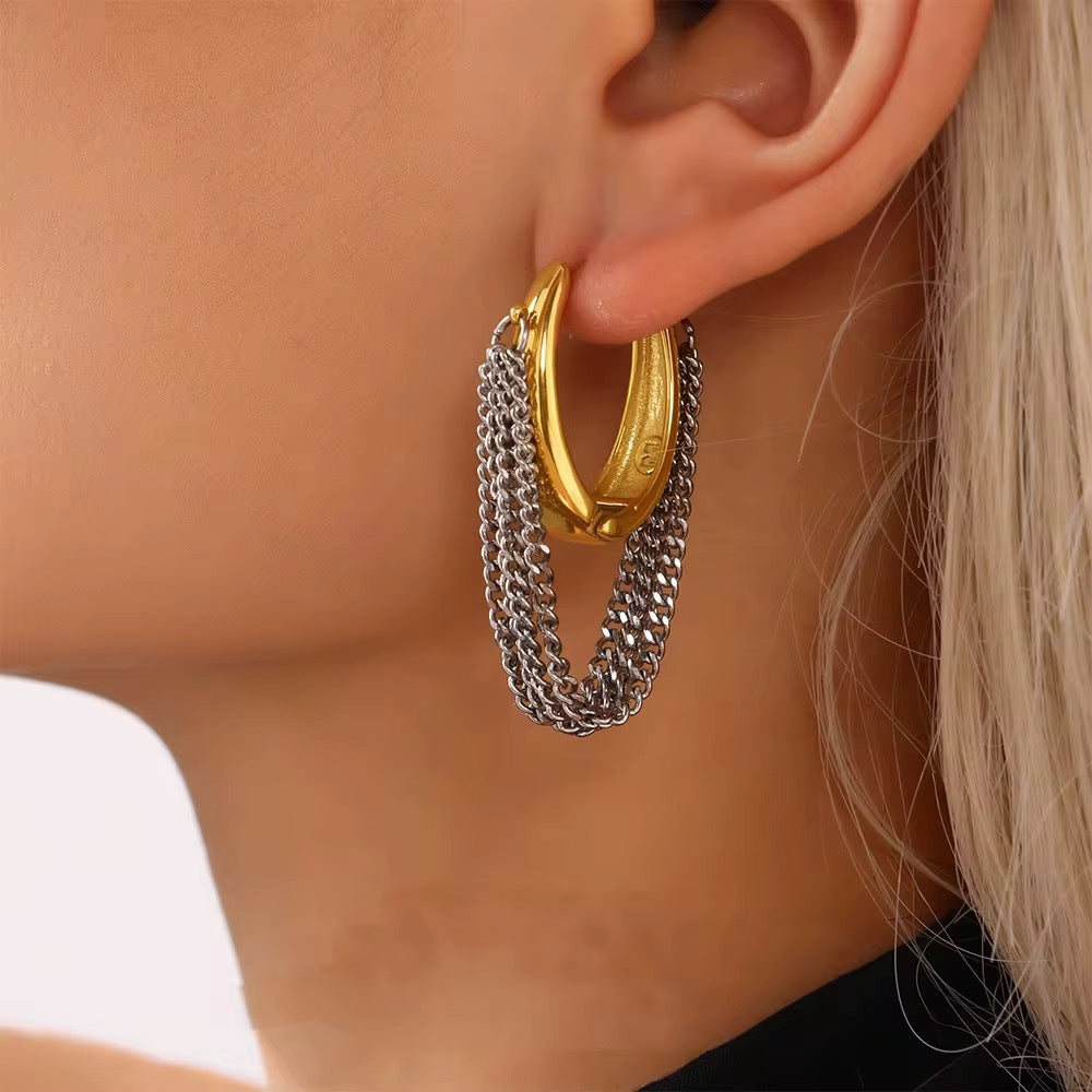 Two Tone Buckle Multi Chains Hoop Earrings