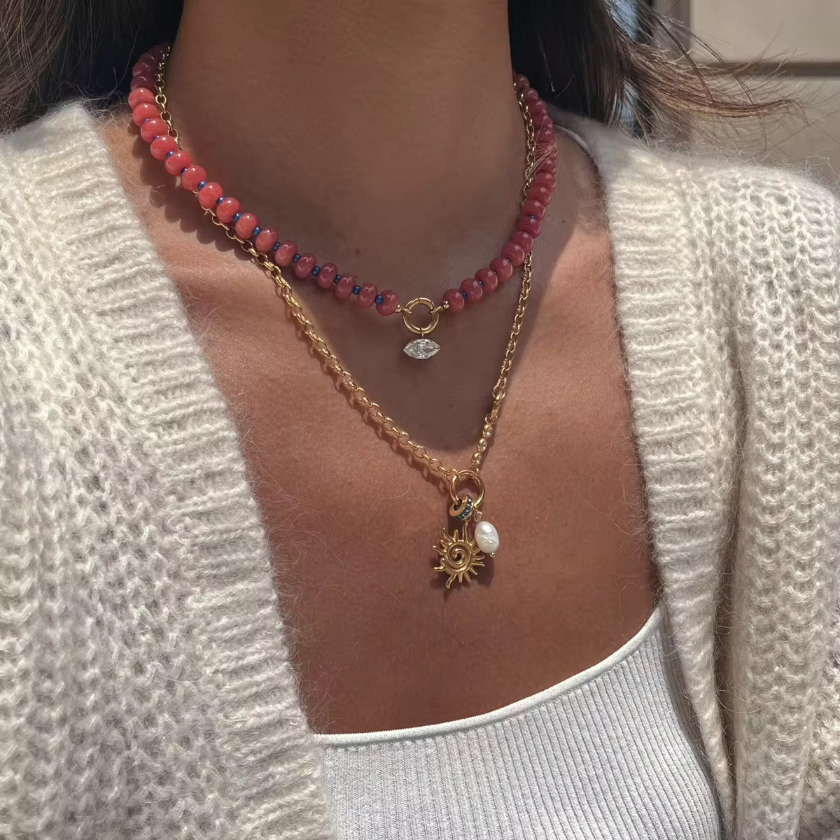 Zirconia Pendant Red Beads Necklace