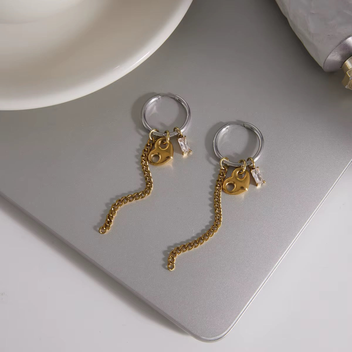 Two Tone Heart Charm Long Earrings