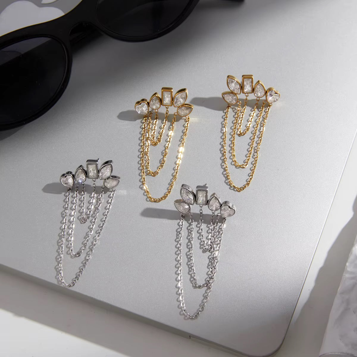 Silver Zirconia Shapes Chain Stud Earrings