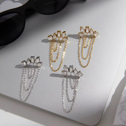 Silver Zirconia Shapes Chain Stud Earrings