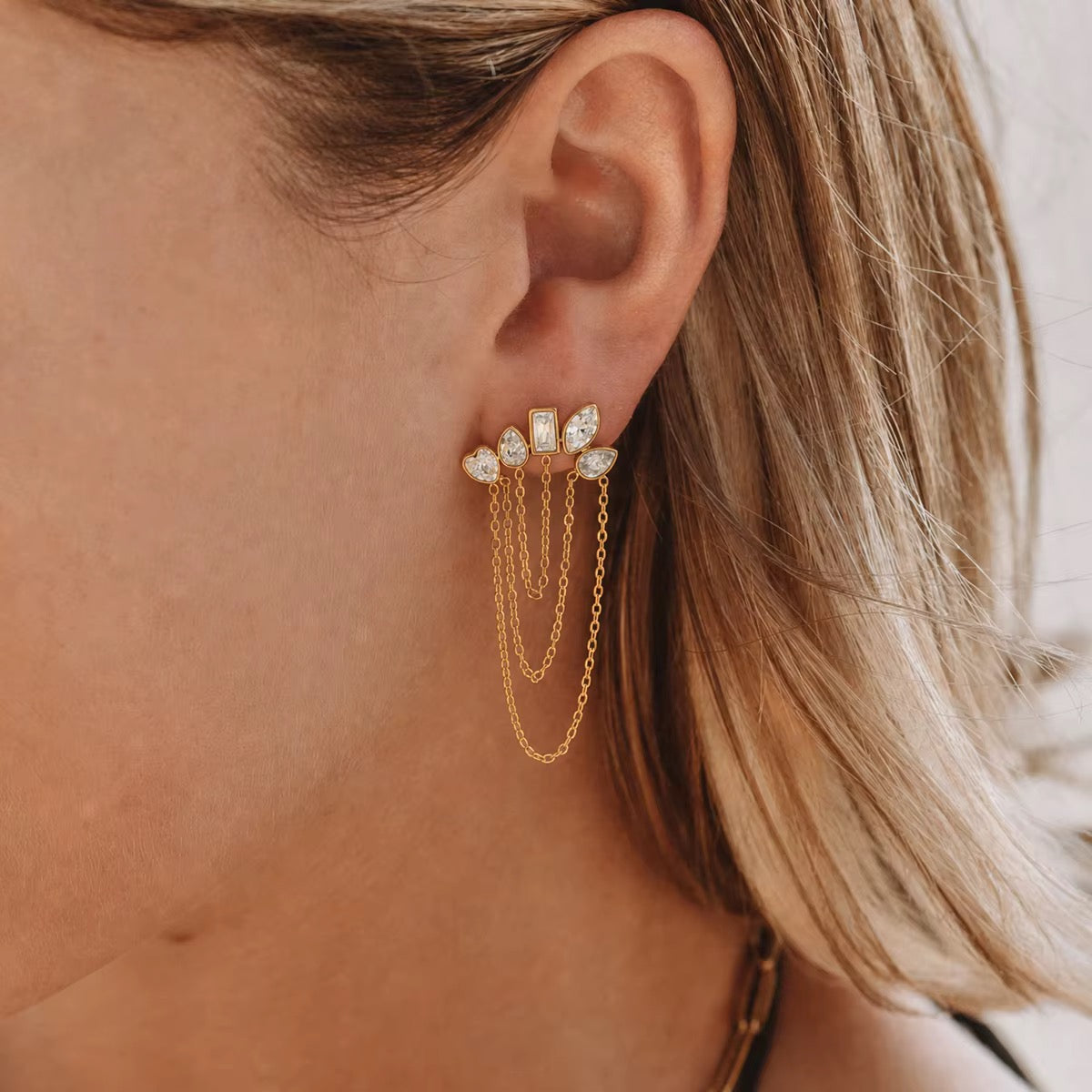 Silver Zirconia Shapes Chain Stud Earrings