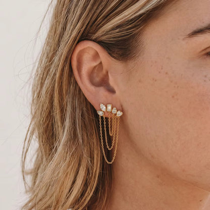 Silver Zirconia Shapes Chain Stud Earrings