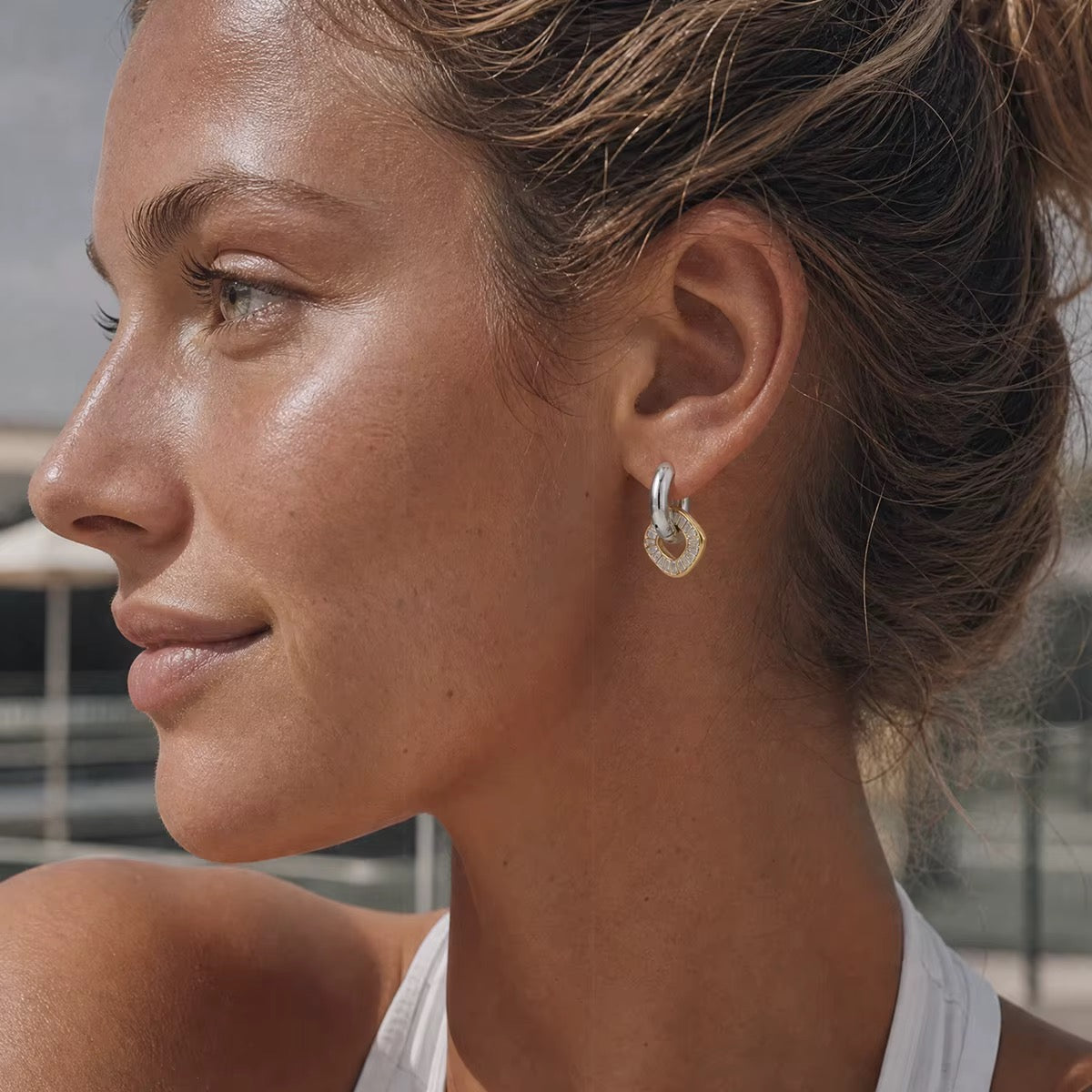 Two Tone Zirconias Square Pendant Small Hoop Earrings