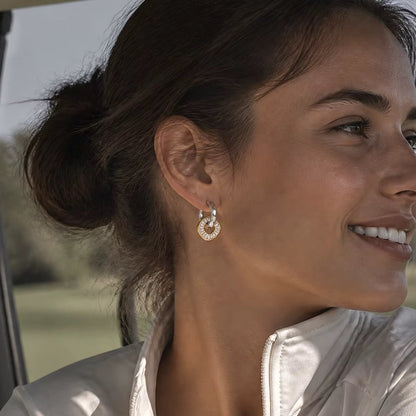 Two Tone Zirconias Square Pendant Small Hoop Earrings