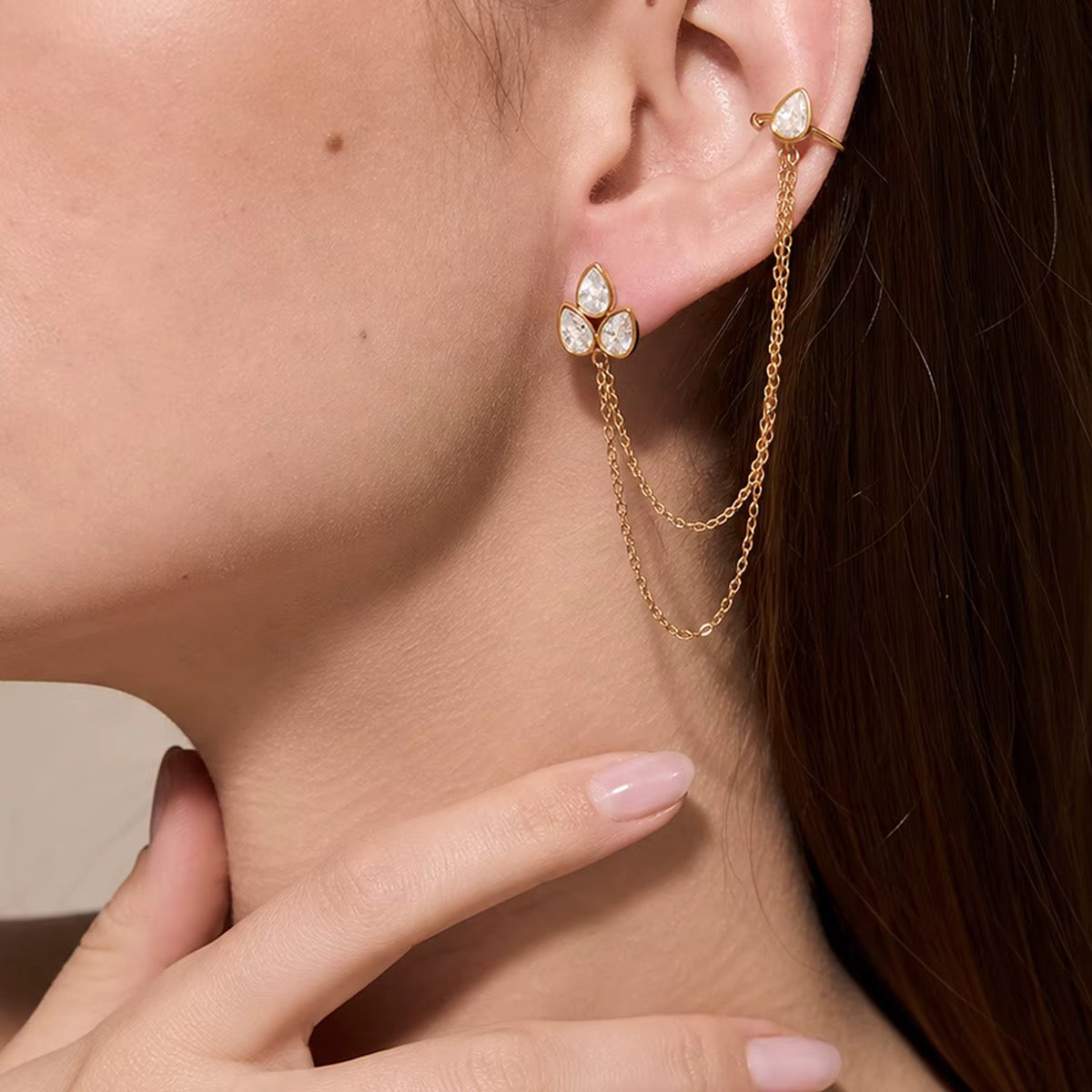 Drop Zirconias Stud Chain Earcuff Earrings