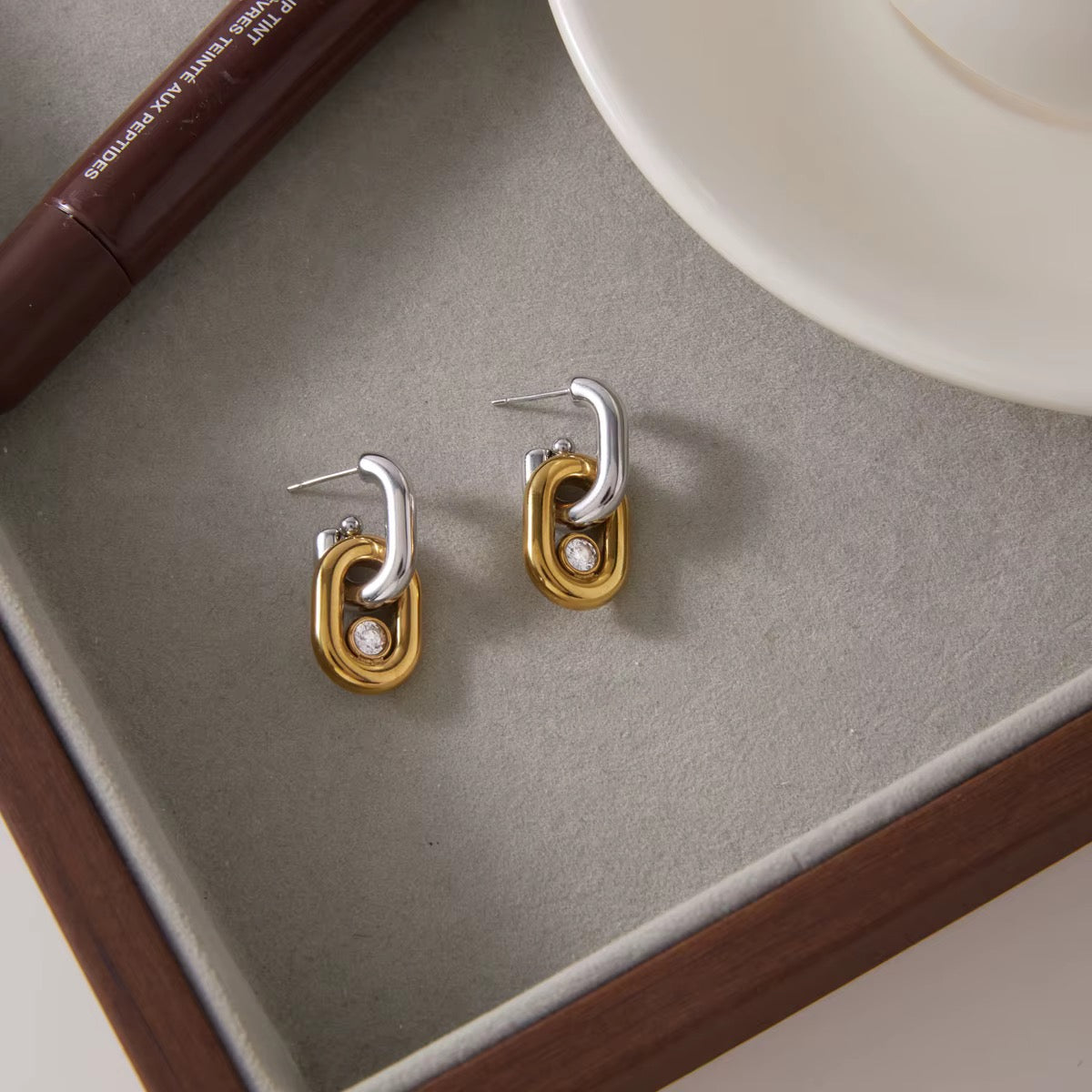 Two Tone Oval Link Stud Earrings
