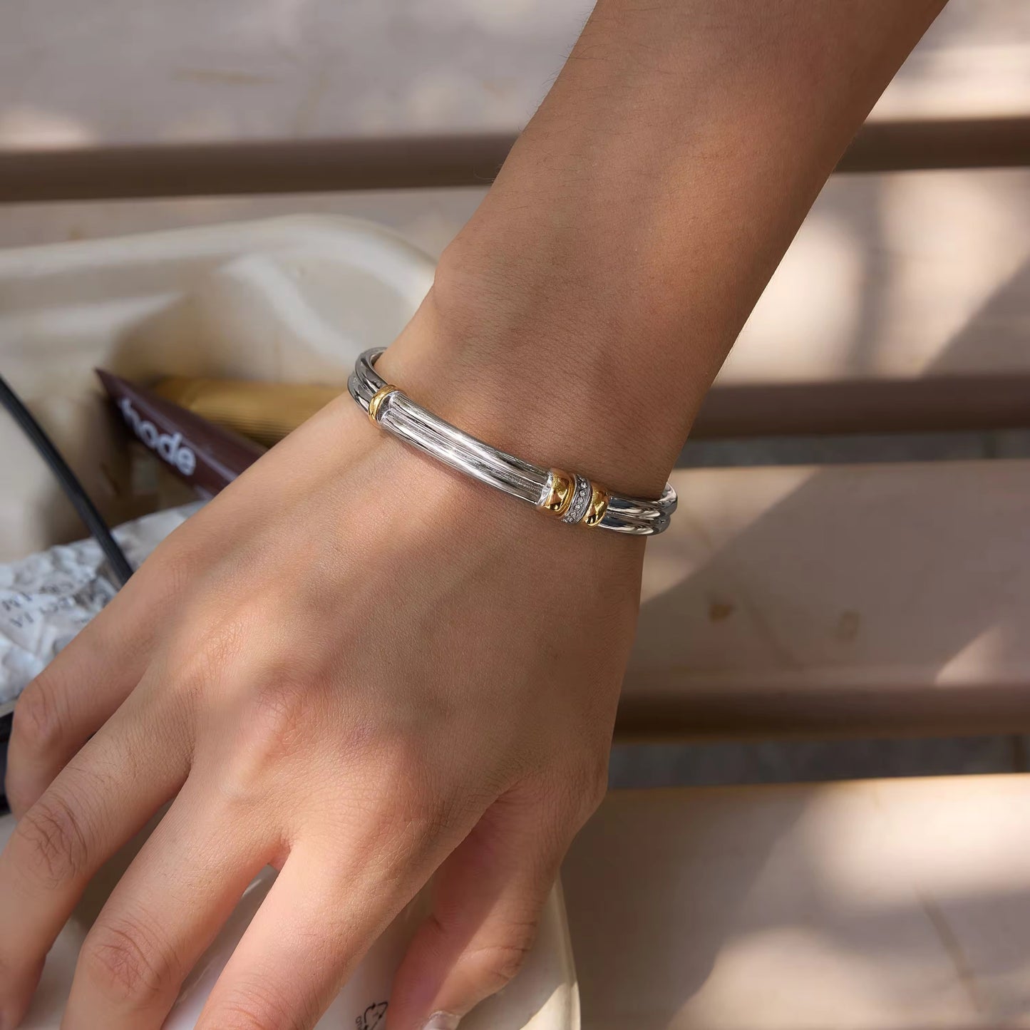 Two Tone Dainty Zirconias Cuff Bracelet