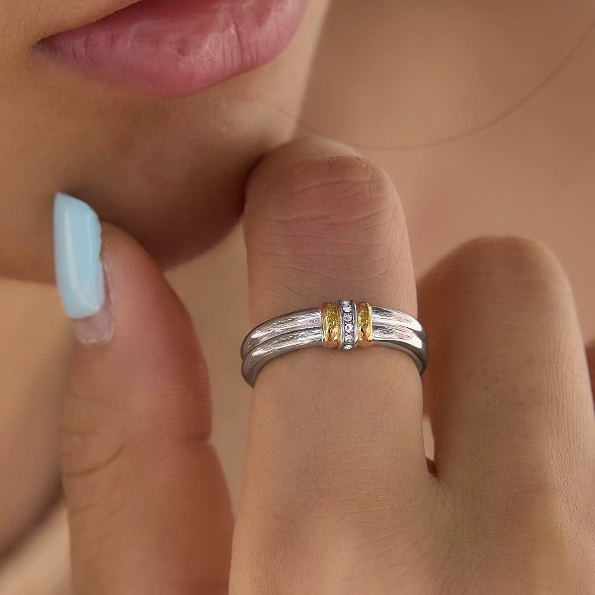 Two Tone Dainty Zirconias Ring