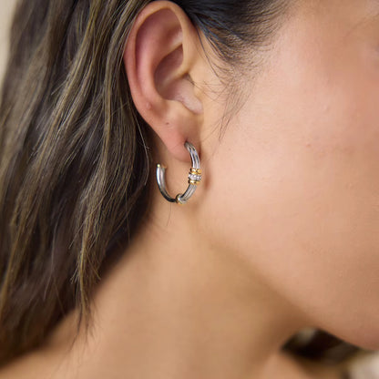 Two Tone Dainty Zirconias Hoop Stud Earrings