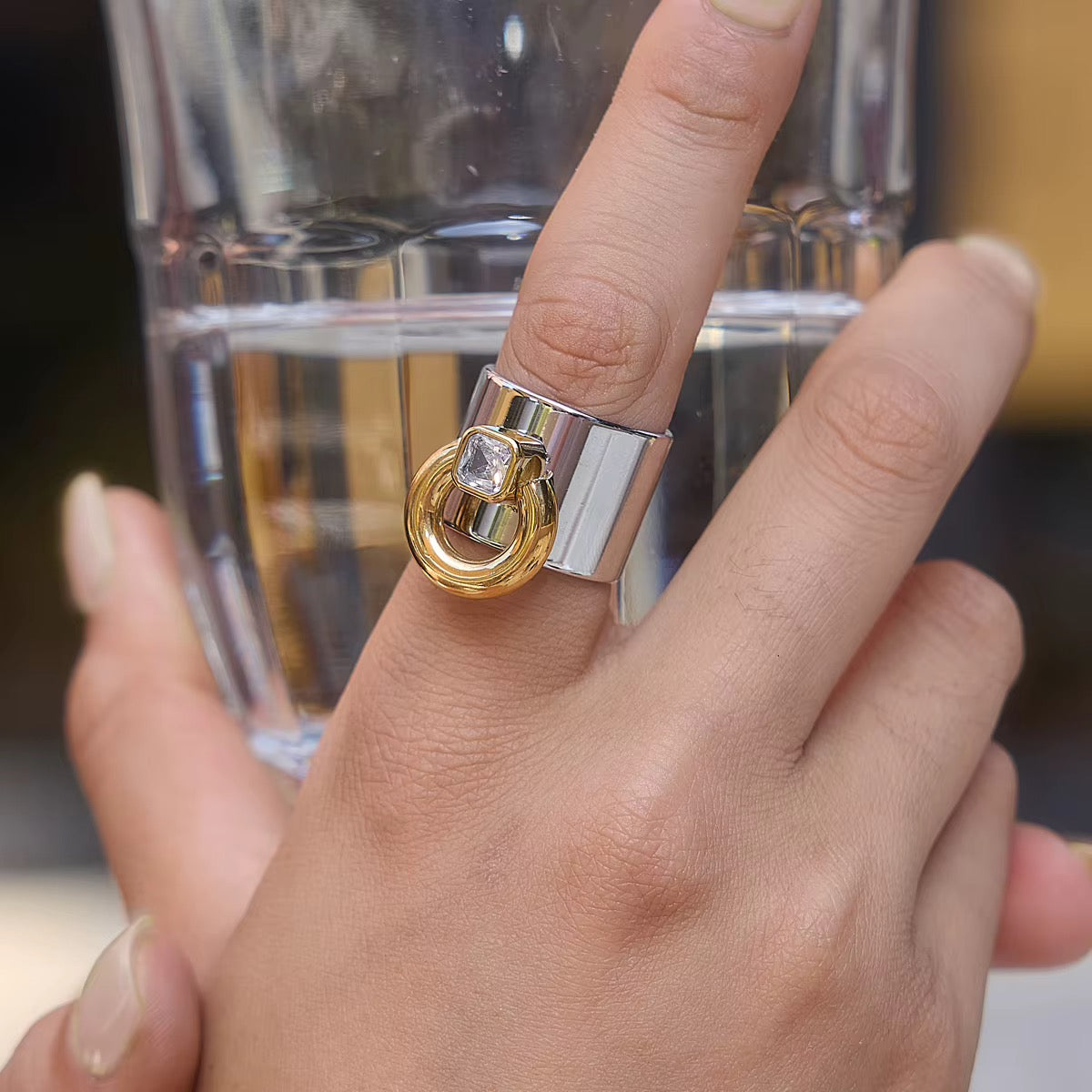 Two Tone Buckle Wide Band Ring
