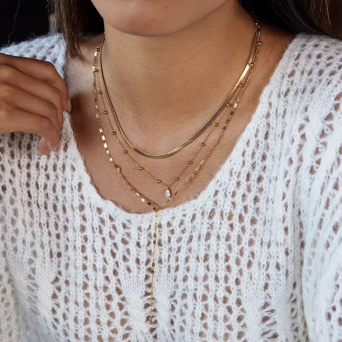 Drop Zirconia Layered Lariat Necklace