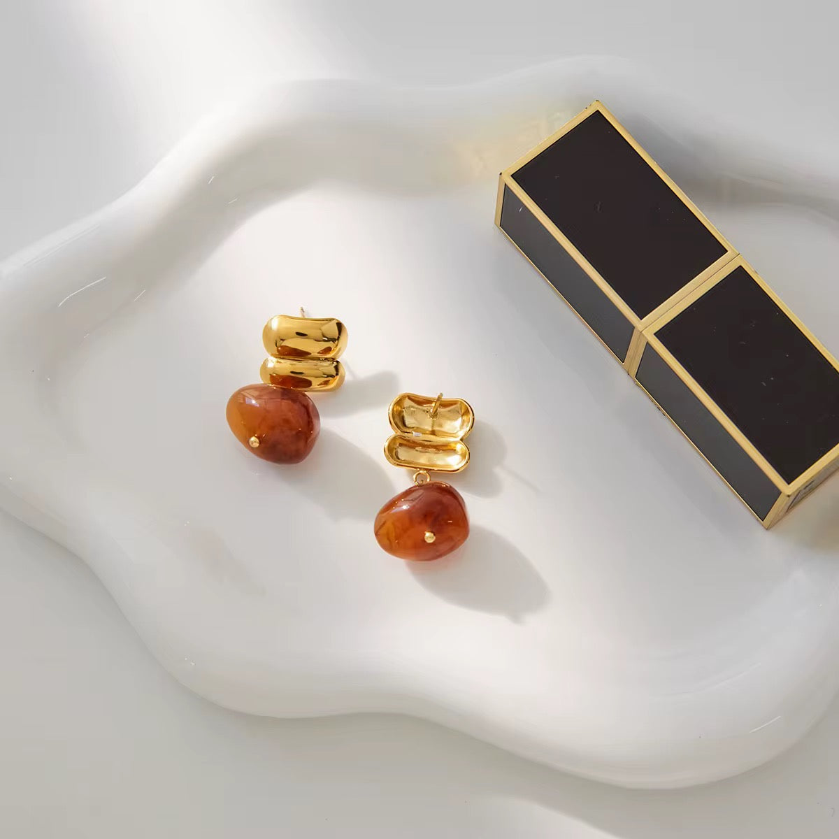 Resin Amber Drop Pendant Stud Earrings