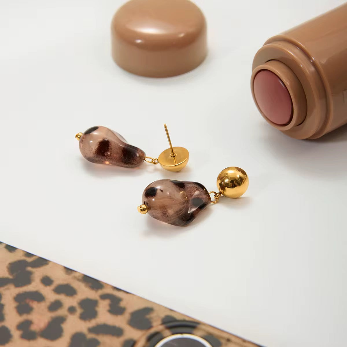 Resin Animal Print Stone Pendant Stud Earrings