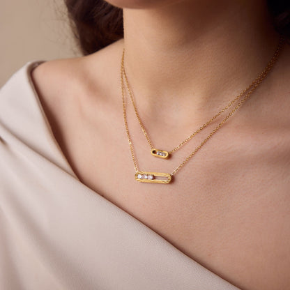 Zirconias Large Bar Pendant Gold Necklace