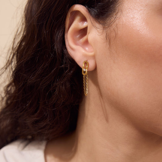 Zirconias Bar Chain Stud Gold Earrings