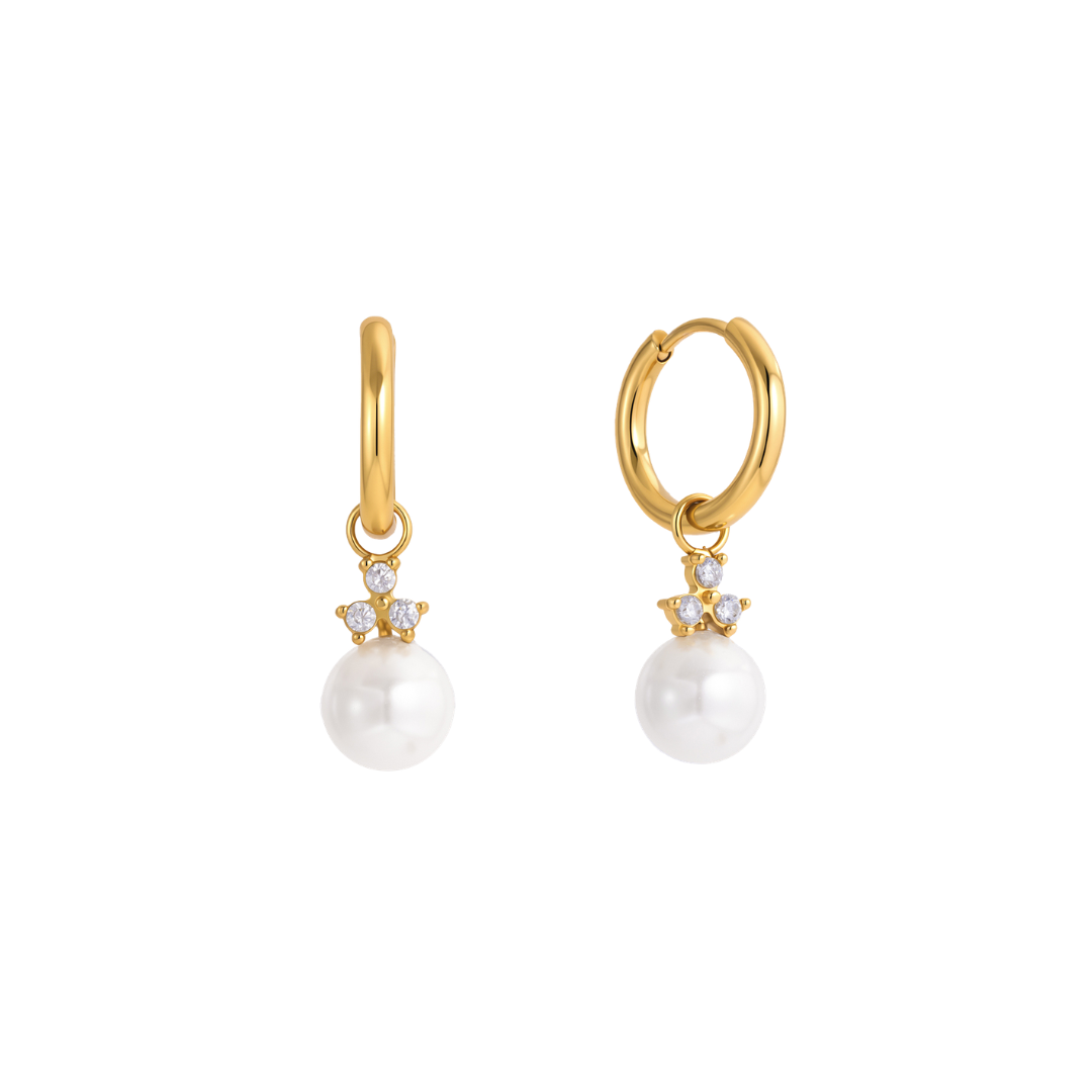 Single Pearl & Zirconias Pendant Huggie Earrings