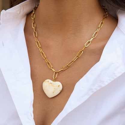 Marble Stone Chunky Heart Pendant Necklace