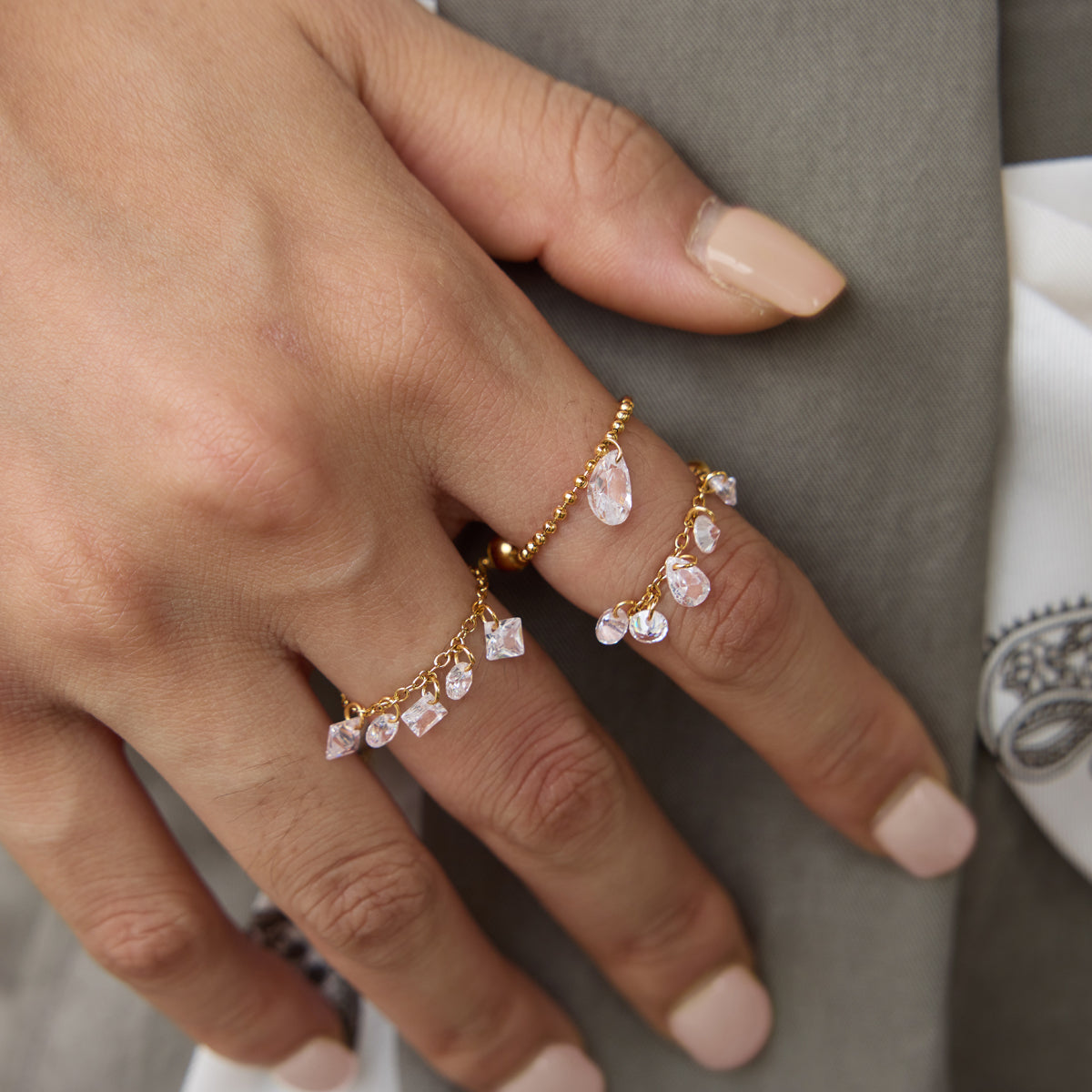Drop Crystals Adjustable Chain Ring