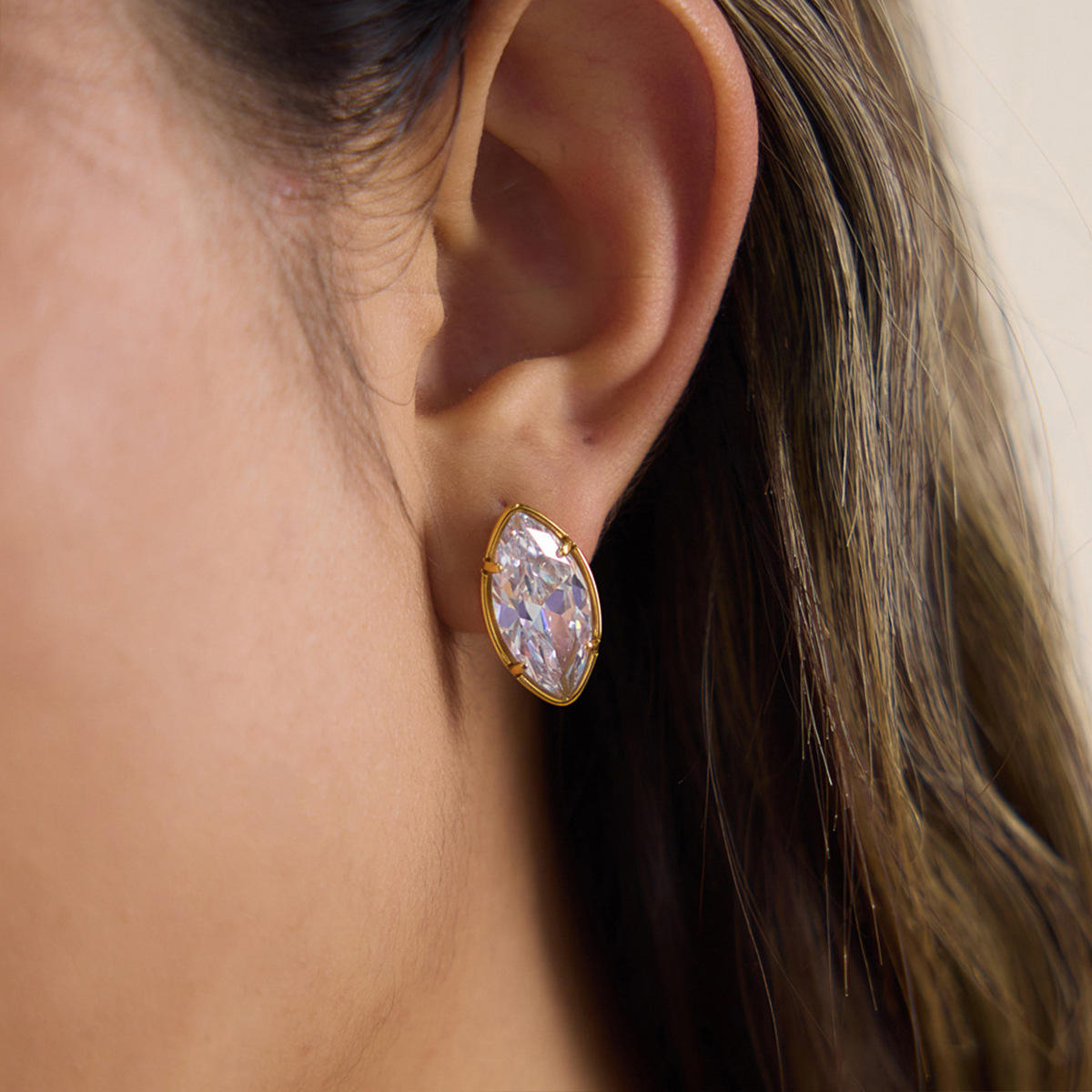 Eye Shaped Zirconia Large Stud Gold Earrings