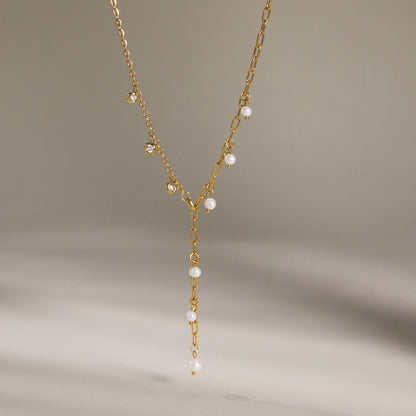 Zirconias & Pearls Lariat Necklace