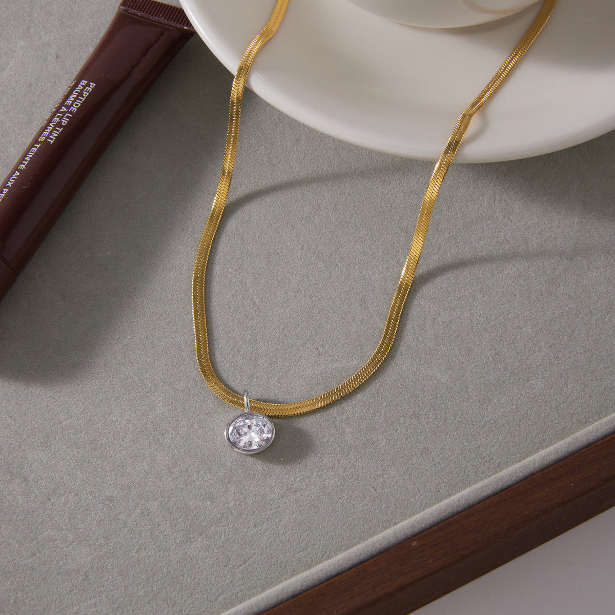 Two Tone Snake Oval Zirconia Pendant Necklace