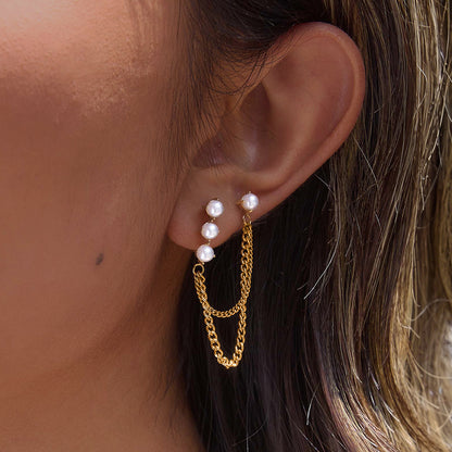 Round Pearls Chain Stud Earrings