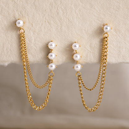 Round Pearls Chain Stud Earrings