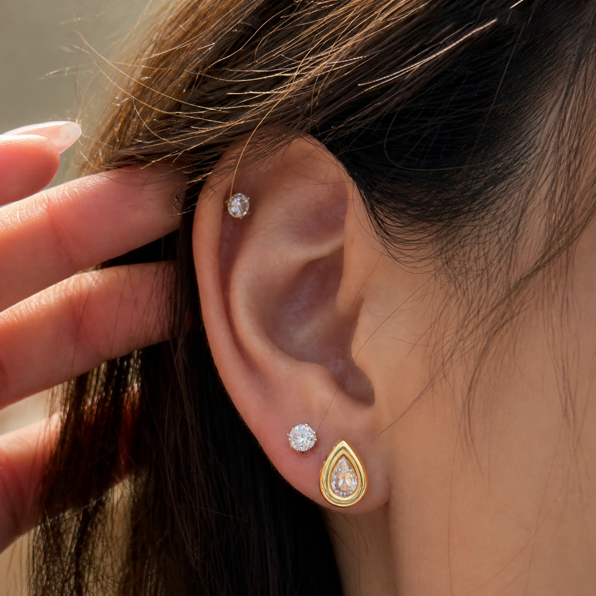 Zirconia Drop Stud Gold Earrings