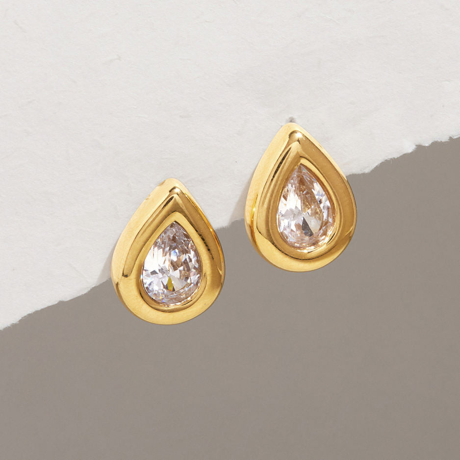 Zirconia Drop Stud Gold Earrings