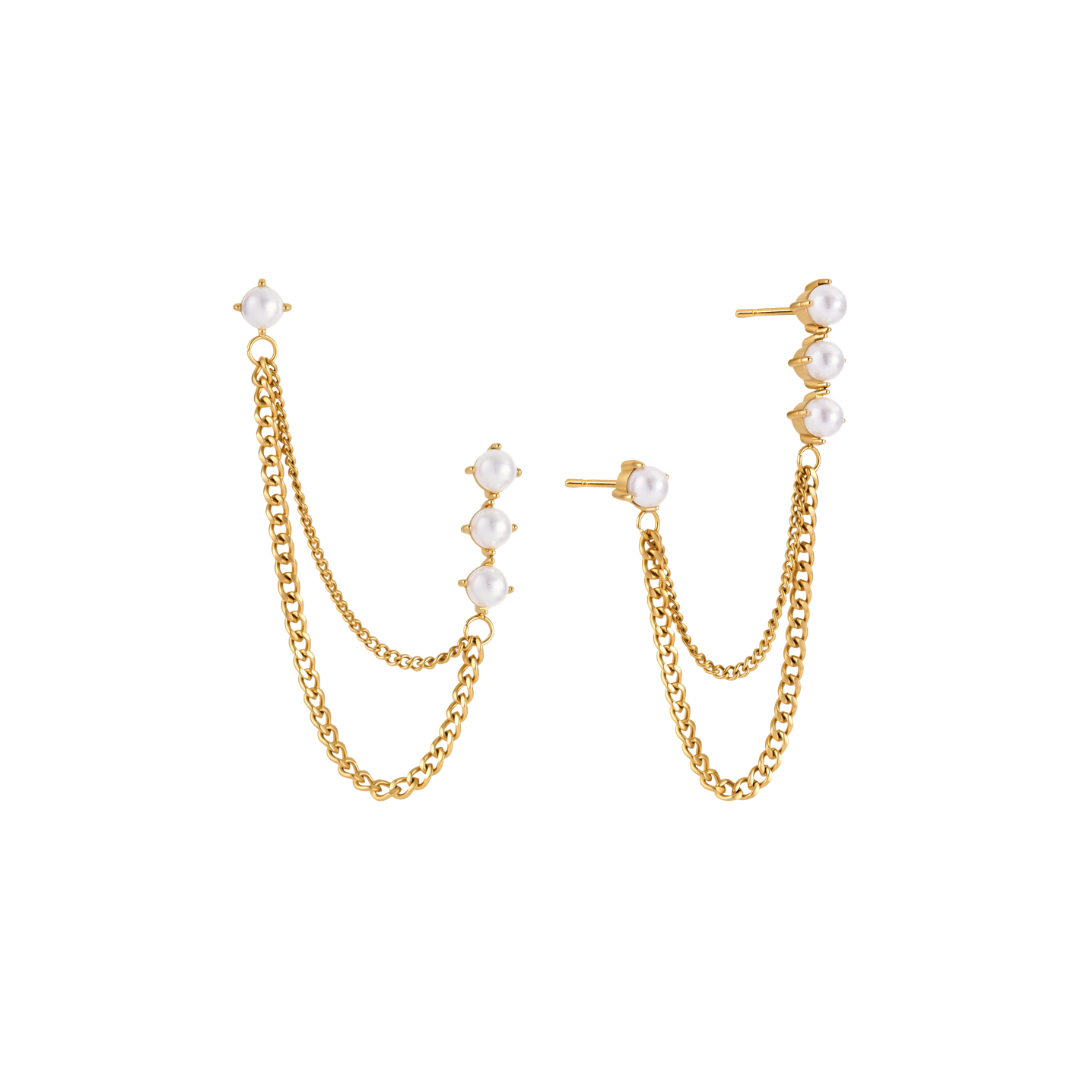 Round Pearls Chain Stud Earrings