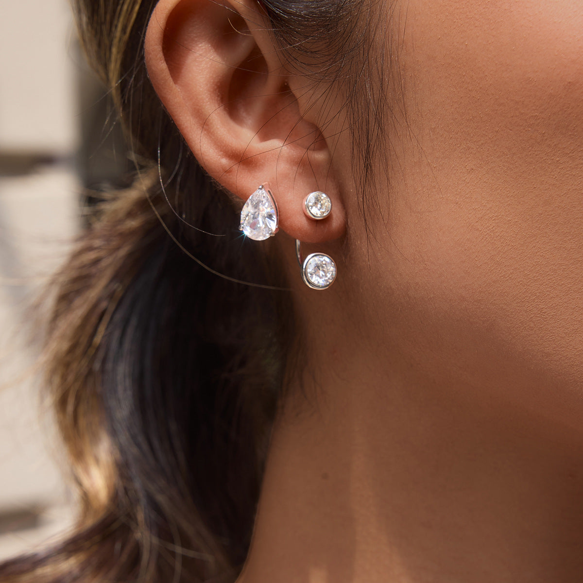 Silver Round Zirconia Irregular Stud Earrings