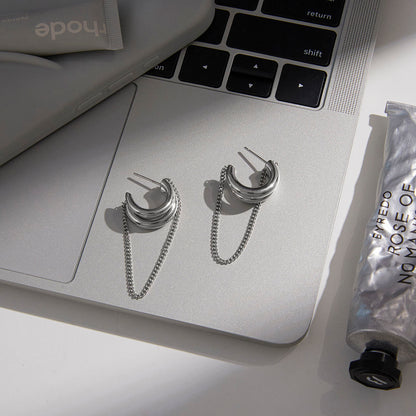 Silver Chain Hoop Stud Earrings