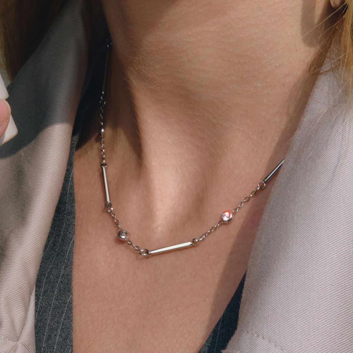 Silver Zirconias Bars Chain Necklace